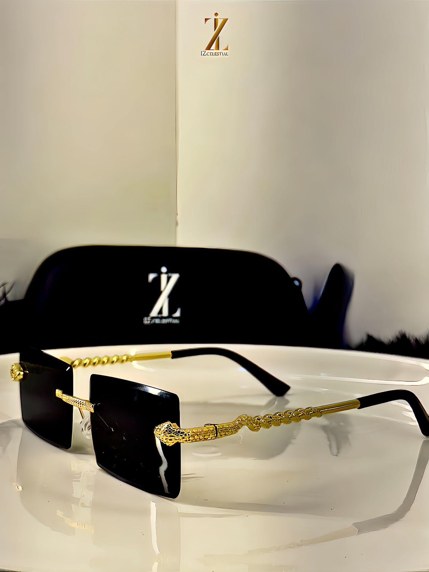 Cartier Black Gold Reptile Rimless Sunglasses - with Snake chain Detail.