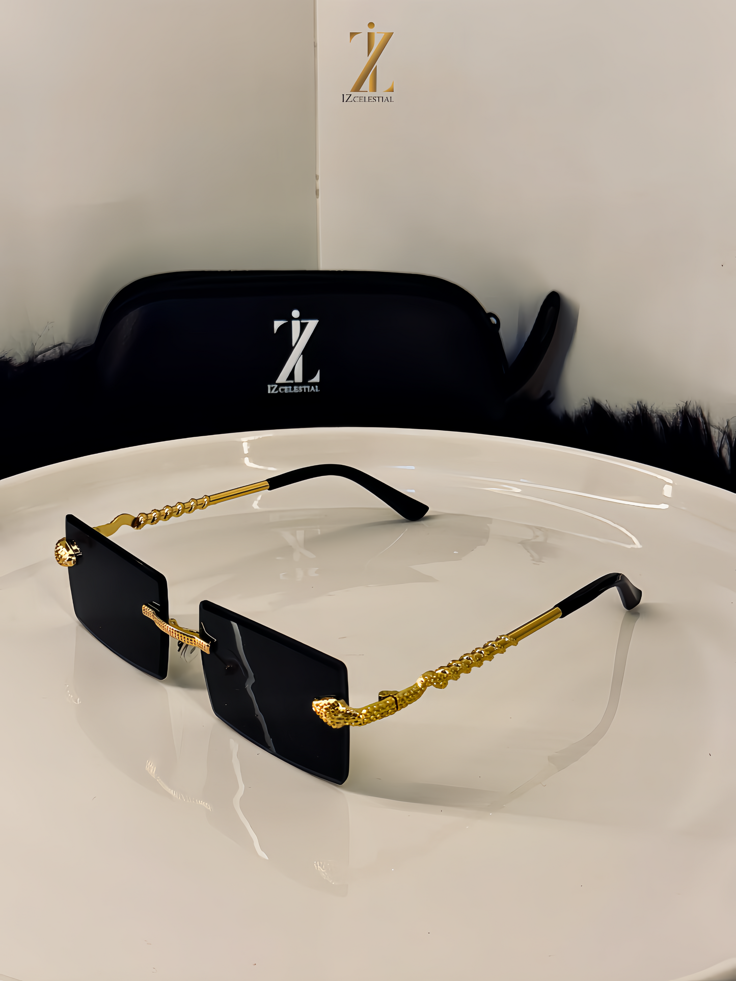 Cartier Black Gold Reptile Rimless Sunglasses - with Snake chain Detail.