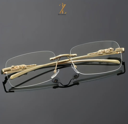 Cartier - Rimless Square Fashion Glasses with Leopard Head Accent - Blue Light Blocking, Stainless Steel Frame.