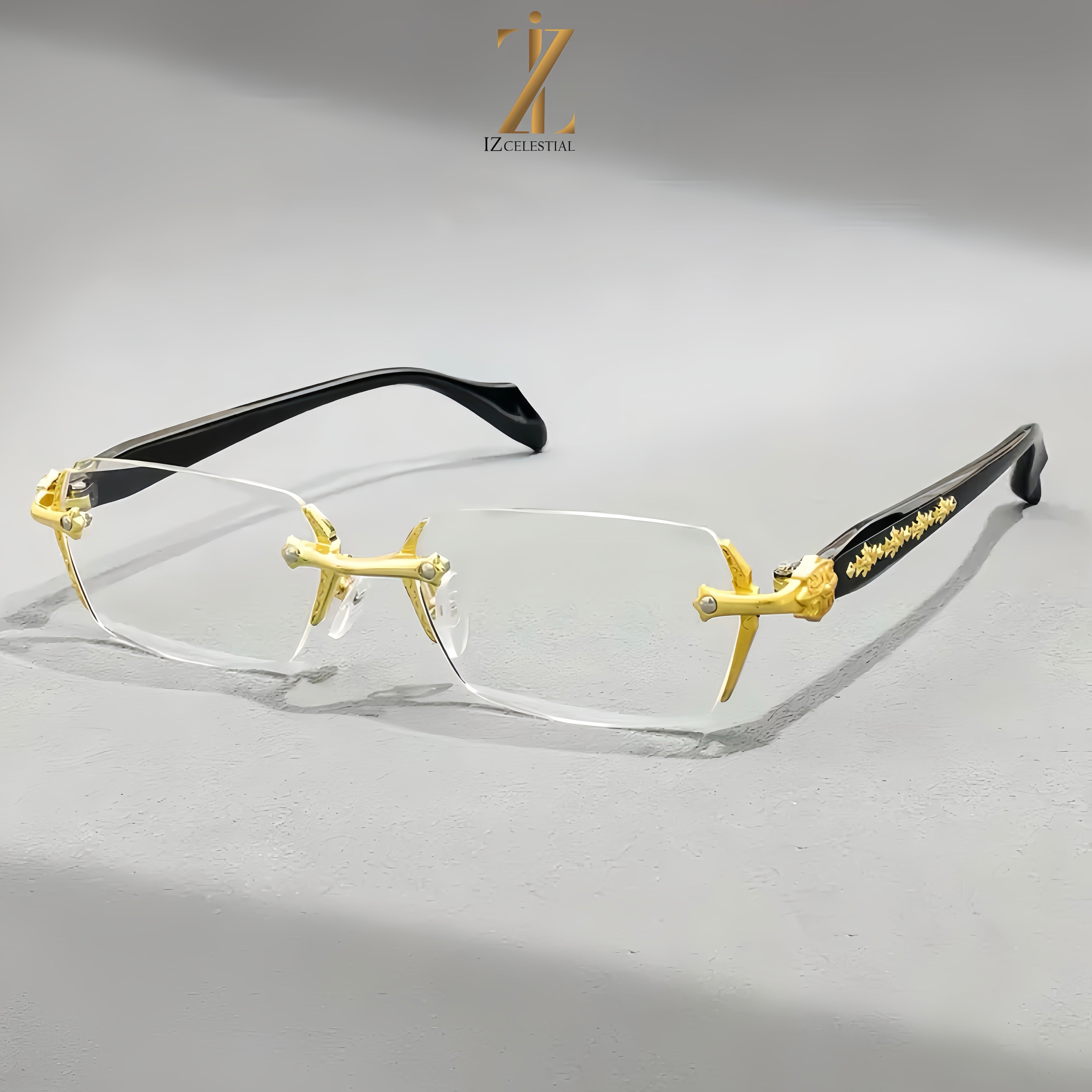 Iz Refined Elegance: Vintage-Inspired Rimless Eyewear Frame with minimalist Gold Design.