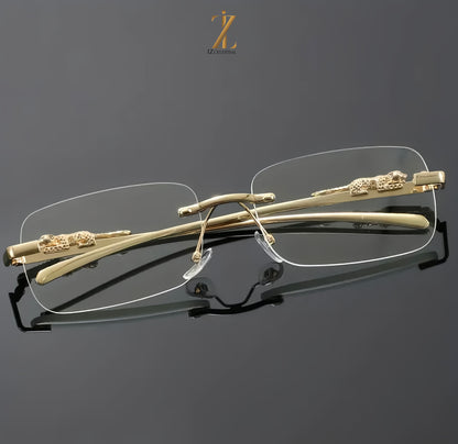 Cartier - Rimless Square Fashion Glasses with Leopard Head Accent - Blue Light Blocking, Stainless Steel Frame.