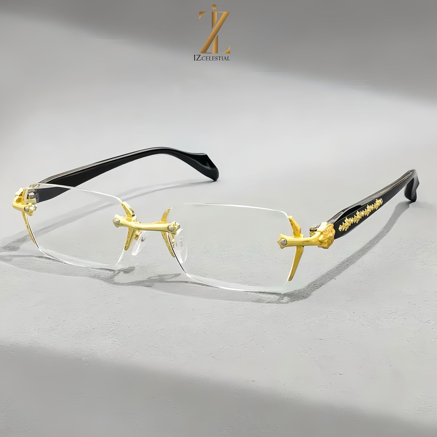 Iz Refined Elegance: Vintage-Inspired Rimless Eyewear Frame with minimalist Gold Design.